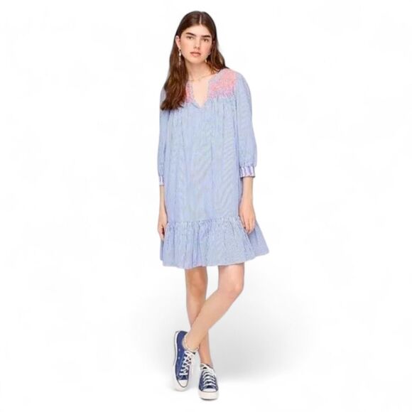 J. Crew Oversized Cotton Long Sleeve Leda‎ Embroidered Stripe Popover Dress S - Picture 1 of 12
